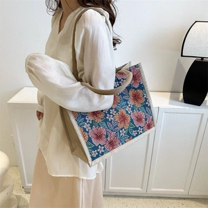 Floral tapestry canvas tote bag with colorful vintage flower patterns and rope handles