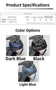 Detailed size chart and dimensions of the denim underarm bag with metal chain strap