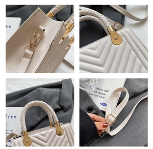 Detailed views of V-quilted faux leather handbag with woven handles and gold metal accents