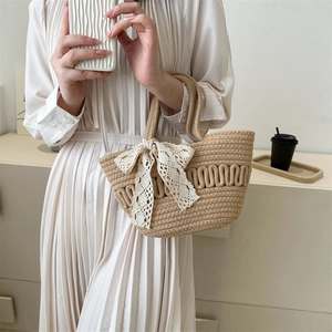Large capacity woven straw basket bag with lace ribbon and silk scarf for summer