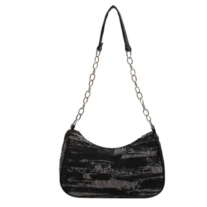 Chic black and grey jacquard hobo underarm bag with silver chain strap and half-moon shape