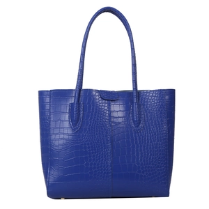 Minimalist large royal blue tote bag with crocodile pattern and sturdy double handles