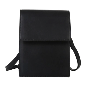 Minimalist black PU leather vertical square crossbody bag with flap and slim strap