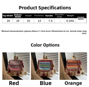 Size chart and color display for ethnic style embroidered backpack with tassel detail