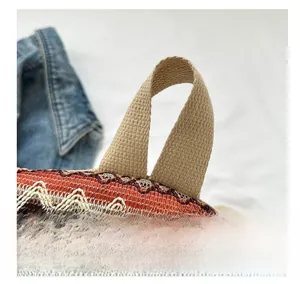 Detail of bohemian woven backpack with thickened khaki strap and wave pattern textures
