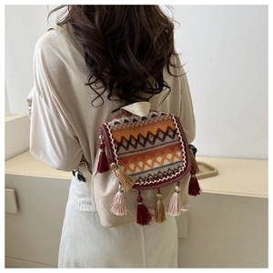 Detailed back view of an ethnic style woven backpack with embroidery and colorful tassels