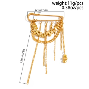 Detailed view showing a gold-tone beaded tassel brooch with dimensions 6cm x 12cm