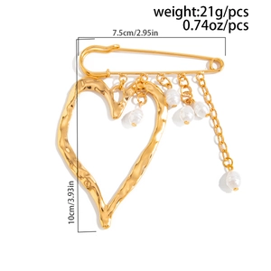 Lava heart brooch size guide showing 10cm height and 7.5cm width with pearl details