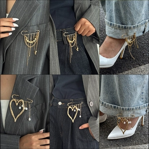 Punk Multi-layer Chain Tassel Safety Pin Brooch Heart Pearl Pendant Alloy Jewelry For Suit Jeans Shoes Decoration