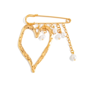 Modern gold molten heart safety pin brooch with white pearls and delicate tassel chain
