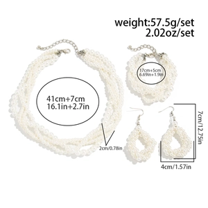 Detailed view of layered pearl jewelry set including necklace, bracelet and earrings dimensions