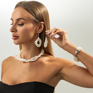 Three-piece multi-strand twisted pearl necklace, bracelet and earrings set for women