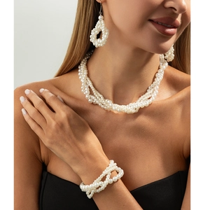 Detailed view of layered pearl necklace and earrings set worn by a model