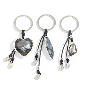 Three-piece French heart and marquise grey crystal keychains with black woven cords