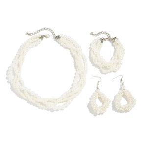 Elegant multi-layer ivory pearl necklace, bracelet and woven earrings jewelry set