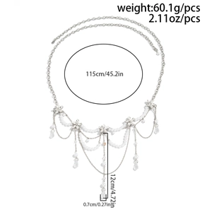 Detailed view of silver crystal waist chain with pearl tassels and size specifications