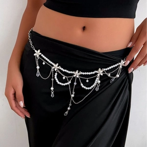 Multilayer pearl waist chain with crystal teardrop pendants and silver floral accents