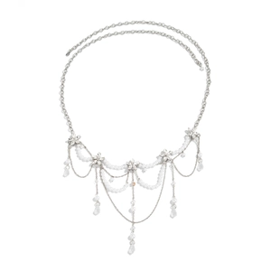 Elegant silver layered waist chain with pearls and floral crystal drop charms