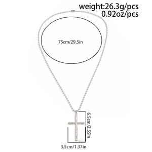 Detailed size chart showing 75cm chain length and 6.5cm cross pendant dimensions