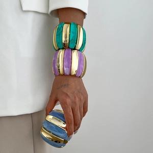 Exaggerated stretch cuff bracelet with turquoise marble resin and gold metal blocks