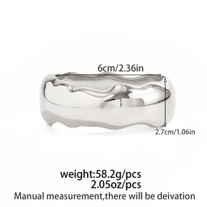 Detailed size specifications for silver wave textured wide cuff bracelet with measurements