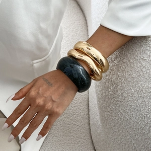 Modern chunky bangle set with marble texture and gold wavy irregular cuff bracelets