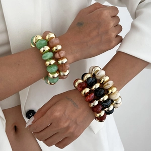 Bracelet Perlé Épais Pour Femme Résine Texture Marbre Et CCB Métallique Géométrique Irrégulier Élastique Bijoux De Mode