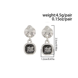 Detail view of square grey crystal earrings with dimensions and 4.5g weight info