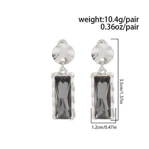 Detailed size view of square black crystal earrings with 3.5cm height and 1.2cm width