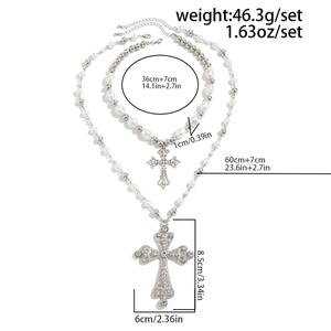 Detailed size chart of layered cyberpunk pearl necklaces with cross pendants and weight