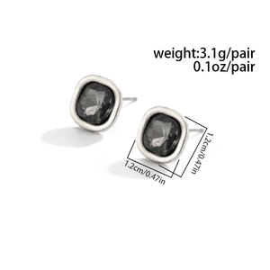 Detail view of square gray crystal stud earrings with silver metal base and dimensions
