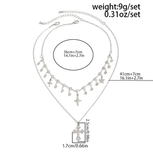 Detailed size specifications for layered silver star and rhinestone cross pendant necklaces