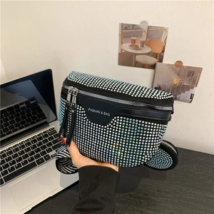 Sac Banane En Strass Pour Femmes Sac De Poitrine Scintillant Avec Pochette Ronde Sangle Large À Motifs Mode Tendance