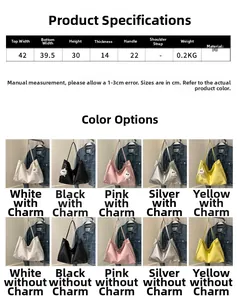 Size chart showing large PU leather tote bag dimensions and various color options