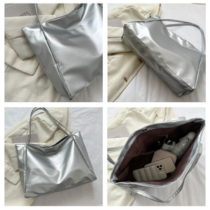 Detailed views of a silver metallic tote bag showing bottom, interior pocket and large capacity