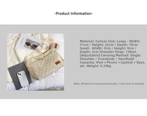Detailed dimension guide for beige canvas crossbody bag with adjustable strap and small pouch
