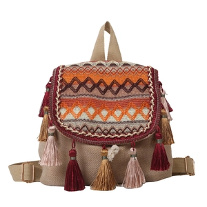 Fashionable Bohemian canvas backpack with ethnic jacquard patterns and colorful tassels