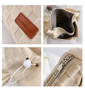 Detailed views of checkered canvas tote showing leather tag, drawstring and zipper quality