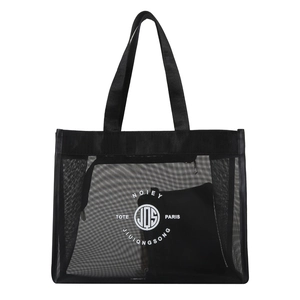Minimalist black mesh tote bag with white logo and internal pouch for women