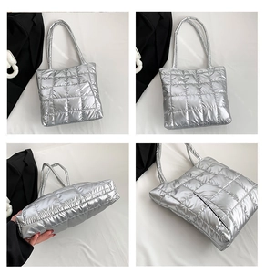 Multi-angle views of silver quilted tote bag with checkered stitching and metallic finish