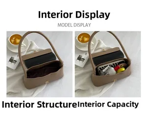 Detail of khaki baguette bag showing the interior compartment and daily essentials