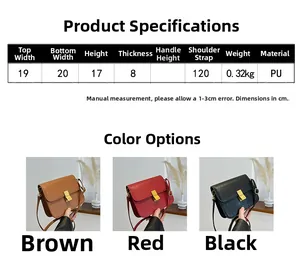 Guía de tallas detallada para bolso cuadrado retro con dimensiones en cm y material