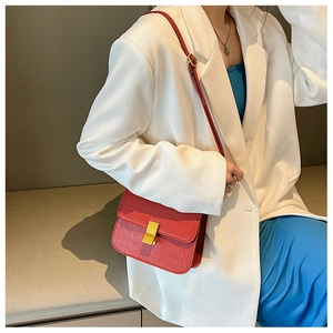 Primer plano de bolso cuadrado rojo con relieve de cocodrilo y hebilla dorada metálica