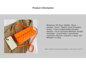 Detailed size specifications of an orange quilted PU shoulder bag with adjustable strap