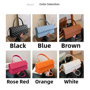 Detailed grid view of quilted crossbody bags in black blue brown rose orange and white