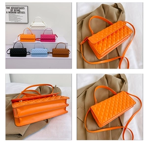 Collage showing a quilted square flap bag in multiple colors with chain shoulder strap