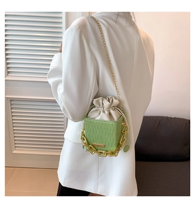 Detail of light green bucket bag featuring pleated texture and chunky gold chain handle