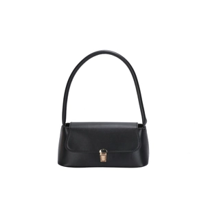 Classic black baguette shoulder bag with golden metallic clasp and elegant arched handle