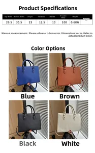 Detailed size chart for the PU leather tote bag with four color options and strap length
