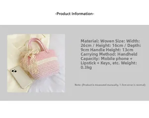 Specifiche dettagliate delle dimensioni per borsa intrecciata rosa e bianca con fiocco